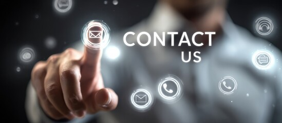 User interacting with digital contact icons on a touchscreen in a modern office environment