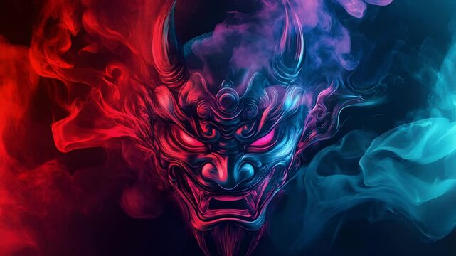 Oni Mask in Red and Blue Smoke Abstract Digital Art 