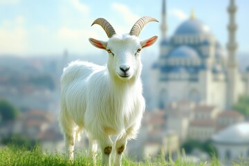 Obraz premium White goat in foreground, mosque in background.