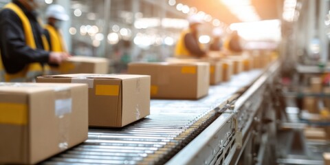 Workers efficiently packing and sorting boxes on a conveyor belt in a warehouse during the afternoon