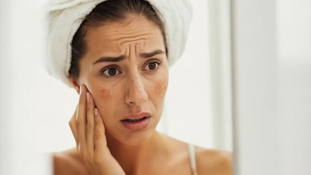 A woman looks at herself in the mirror and is unhappy with her skin. Skin problems. Cosmetology, facial care.
