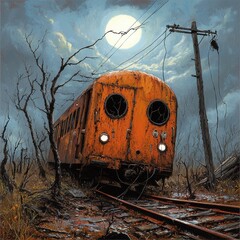 Rusty Orange Train Car Under a Full Moon at Night