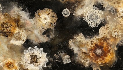 Abstract artwork with floral, lace-like patterns, dispersed across a dark background.  Delicate, intricate designs in beige, tan, and brown, creating a sense of organic growth and floating elements