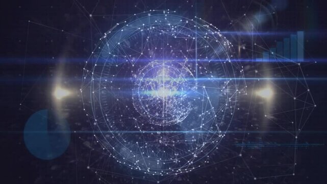 Glowing network sphere floating in digital data space, showing light streaks, particles and bars