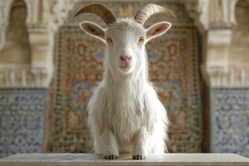 A captivating white goat positioned before ornate background details.