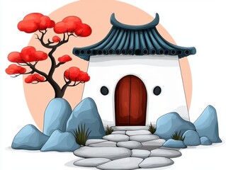 Serene Asian House Illustration Peach Background, Red Tree, Stone Pathway