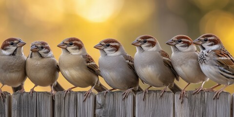 Sparrows perch together on a wooden fence during sunset in a tranquil garden setting