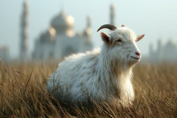 Obraz premium Peaceful white goat rests in golden grass field.