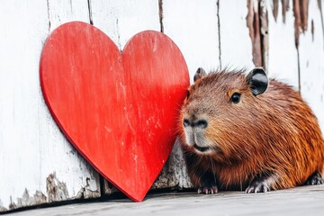 Pretty cute Capybara and red heart with copy space