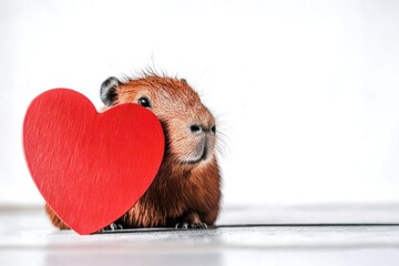 Pretty cute Capybara and red heart with copy space