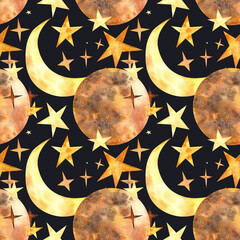 Seamless Celestial Pattern with Moons and Stars