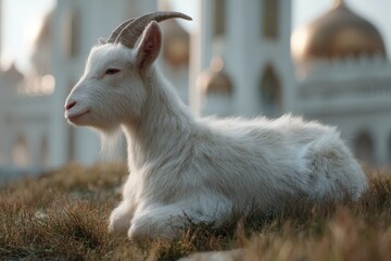 Fototapeta premium Peaceful white goat resting in grassy area, bathed in soft light.