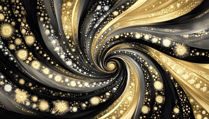Golden and black swirling abstract design with sparkling details.