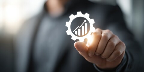 Business professional interacting with growth graph icon in a modern office setting