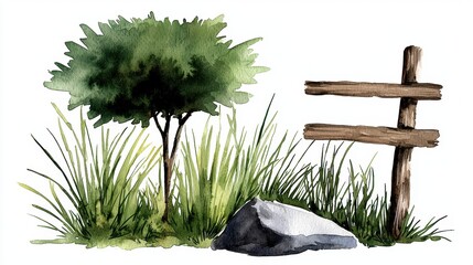 Serene Watercolor Landscape with Tree, Grass, Rock, and Wooden Signpost