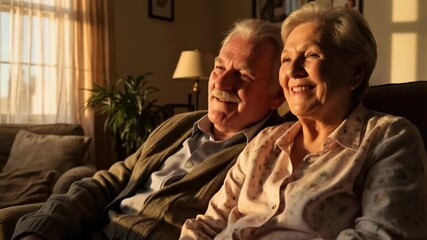 Elderly couple man and woman watching TV. Home rest in retirement. Grandmother and grandfather together. - Powered by Adobe