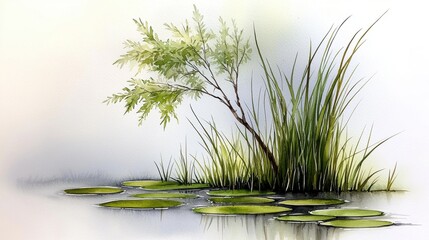 Serene Watercolor Wetland Green Grasses Lily Pads Calm Water