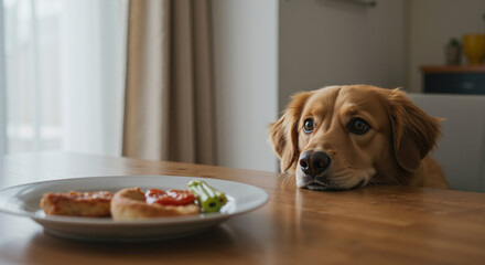 Golden retriever dog resting chin on wooden table staring at plate of food. Hungry pet longing for human meal with sad eyes for pet behavior and training materials about food discipline