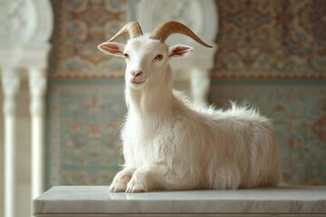 Fototapeta premium A peaceful white goat resting on a marble surface.