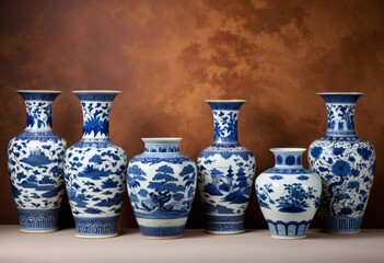 On the table sat five blue and white vases