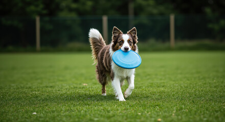 Border collie carrying blue frisbee on green lawn. Active dog playing fetch game outdoors for pet training services and canine exercise programs