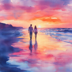 Fototapeta premium Romantic couple walking on beach at sunset in watercolor art.