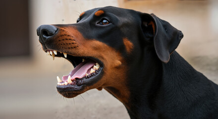 Doberman dog with open mouth showing teeth and fangs in close-up profile. Aggressive guard dog pose for pet safety campaigns and animal behavior educational materials
