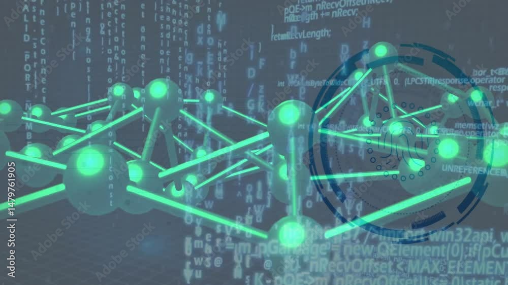 Poster 3d network floating above dark grid, displaying glowing green nodes linking through rods and code