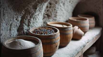 Rustic clay pots filled with grains and spices line a stone shelf, evoking a sense of tradition and culinary heritage.
