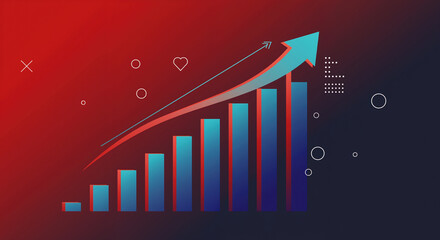 Obraz premium Growing bar graph with blue columns and red upward arrow on gradient red to dark blue background. Business growth visualization for financial reports and economic trend analysis