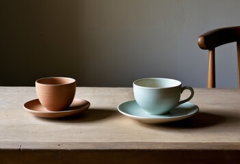 Fototapeta premium A cup and saucer were placed on the table and a chair was placed on top