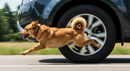 Golden dog running alongside moving car wheel on road. Dynamic action shot of energetic pet for animal training services and pet transportation safety campaigns
