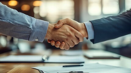 Two business professionals shaking hands over a desk with documents, symbolizing agreement or partnership