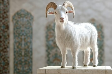 Fototapeta premium White goat standing on a stone pedestal in an ornate room.