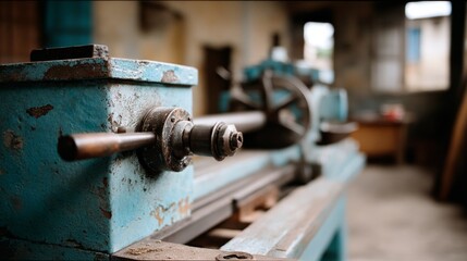 A vintage lathe with worn paint stands proudly in a workshop, its rust and mechanical prowess telling stories of projects long past.