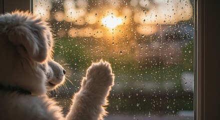 White dog touching rainy window with paw while watching sunset outside. Emotional pet moment during stormy weather capturing loneliness and contemplation for animal psychology and pet care content