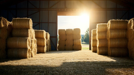 Golden Light Illuminating Hay Bales In Barn