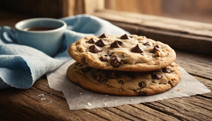 Stacked freshly baked chocolate chip cookies with a soft and chewy texture, served with a hot cup of coffee, resting on parchment paper. The warm rustic setting includes a blue cloth napkin, making th