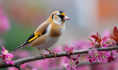 Goldfinch perched among cherry blossoms