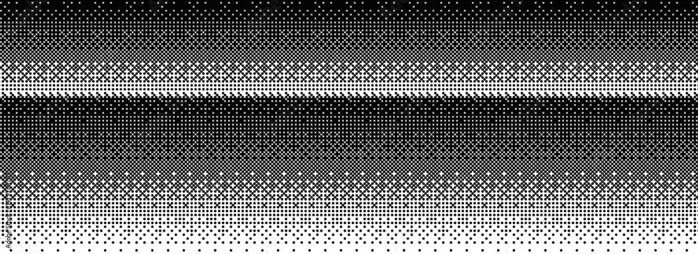 Poster Pixelated bitmap gradient texture. Retro pixel art, black dither pattern, 8 bit background. Vector illustration simple halftone dot gradation from black to transparent, white.