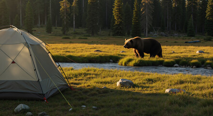 Brown bear walking near camping tent with stream in golden sunset meadow. Wild animal encounter in wilderness setting for adventure tourism and wildlife conservation awareness campaigns