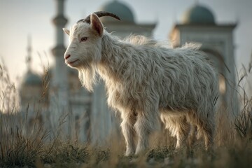 Obraz premium Fluffy white goat in front of ancient buildings.