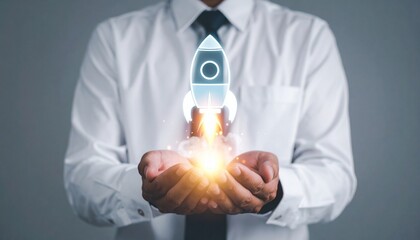 Businessman Holding Holographic Rocket Symbolizing Startup Launch and Innovation, Emphasizing Technological Advancement and Entrepreneurial Success. 
