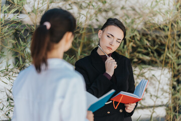 Two professional women, both holding notebooks, discuss ideas and collaborate in an outdoor...