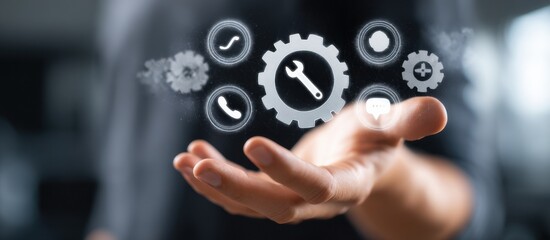 Technical support and customer service concept. Woman using laptop with support icons, representing technical assistance, customer service, and 24/7 help solutions in business. call center, help desk