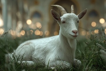 Fototapeta premium White goat resting in a grassy area.