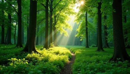 Obraz premium Lush green Estonian forest, sunlight dappling through trees , botanical, calm