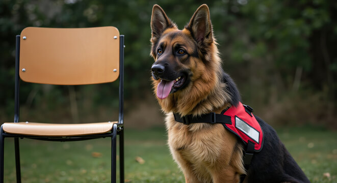 German shepherd wearing red service vest sitting next to wooden chair on green grass. Trained assistance dog with proper equipment ready for professional tasks and disability support functions - Powered by Adobe