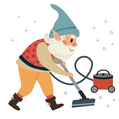 Illustration of a Scandinavian gnome cleaning the floor with a vacuum cleaner. Housework and spring cleaning concept. Flat cartoon style vector for home care