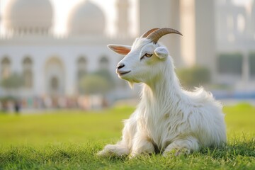 Obraz premium White goat resting in grassy field near a mosque.